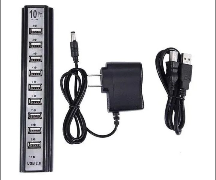 Розгалужувач USB HUB на 10 портів з активною зарядкою 220V. Колір чорний